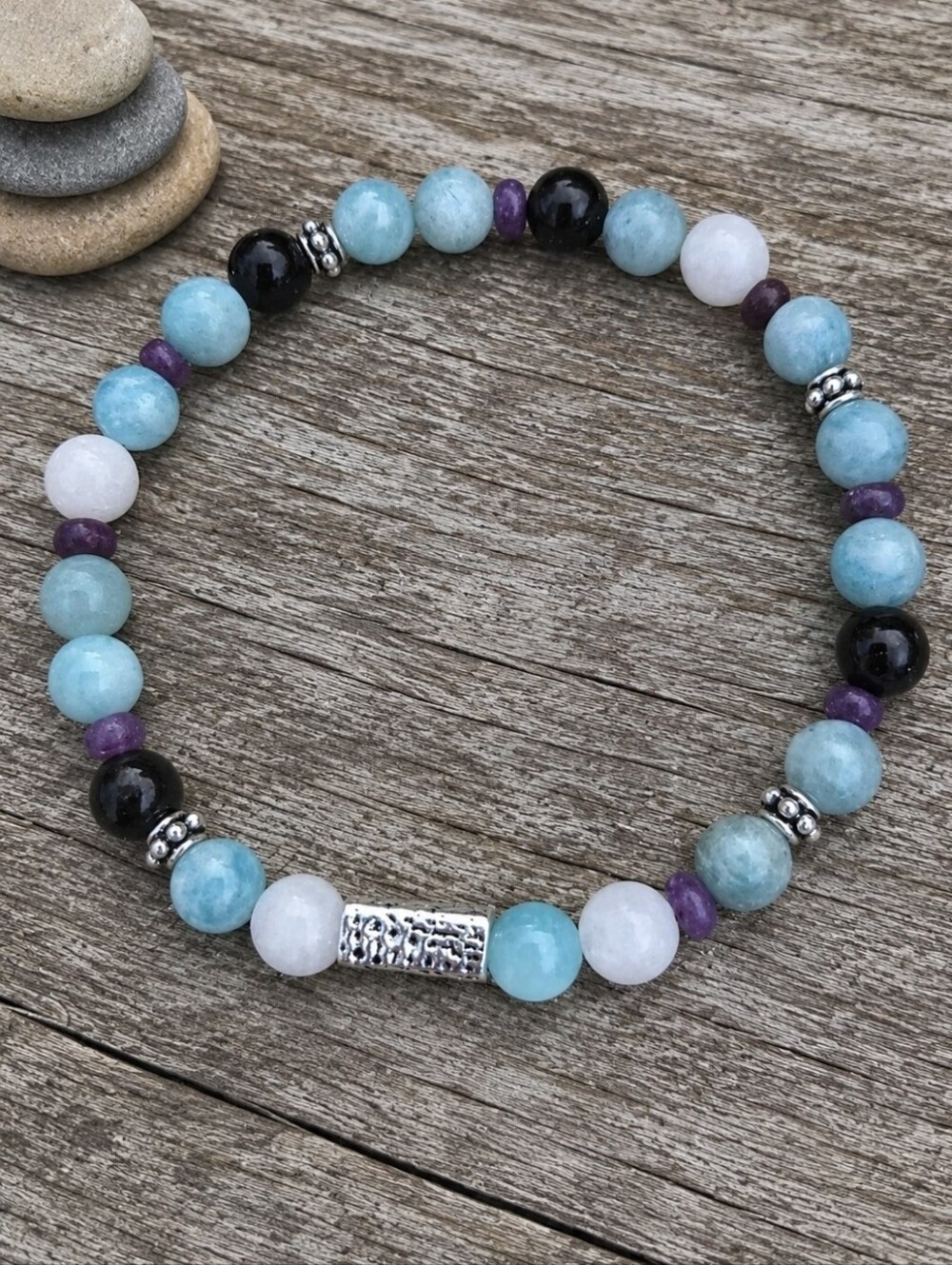 Amazonite, Moonstine & Black Tourmaline Beaded Stretch Bracelet
